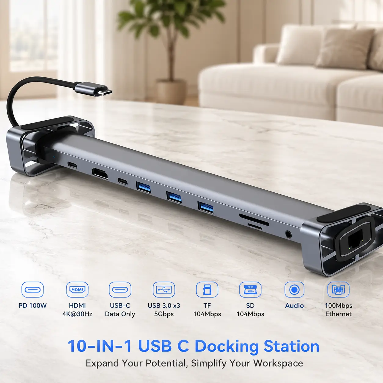 10-in-1 USB-C Docking Station with Stand – 4K HDMI, 100W PD, Ethernet, USB 3.0, SD/TF, Audio 10-in-1 USB-C Docking Station with Stand – 4K HDMI, 100W PD, Ethernet, USB 3.0, SD/TF, Audio