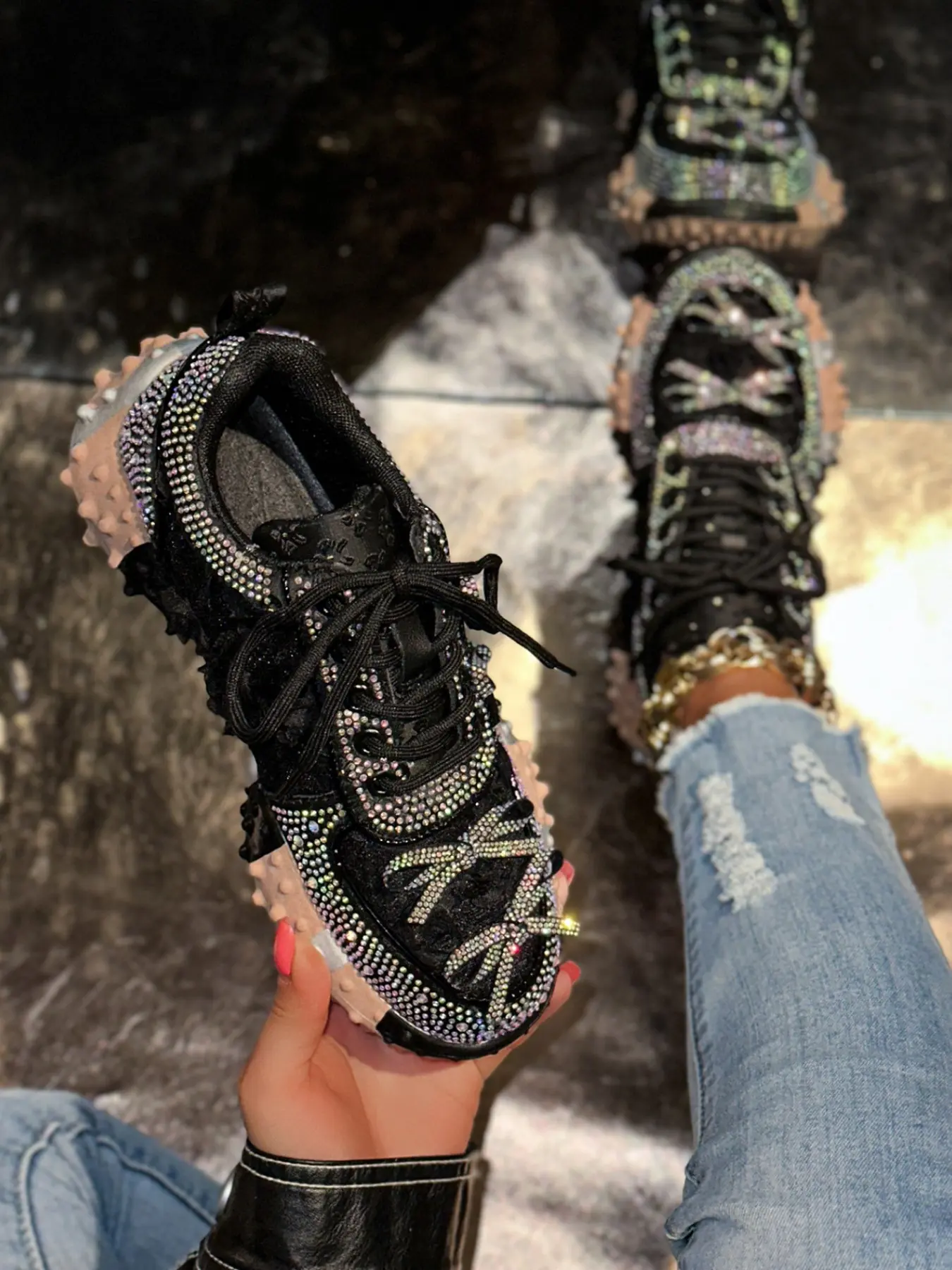 Sweet Diamond Dad Shoes, Lace Butterfly Rhinestone Sports Shoes, Thick Sole Height-Boosting Versatile Women's Shoes Sneaker, Sparkle Platform Sneakers, Rhinestone Embellished Sneakers