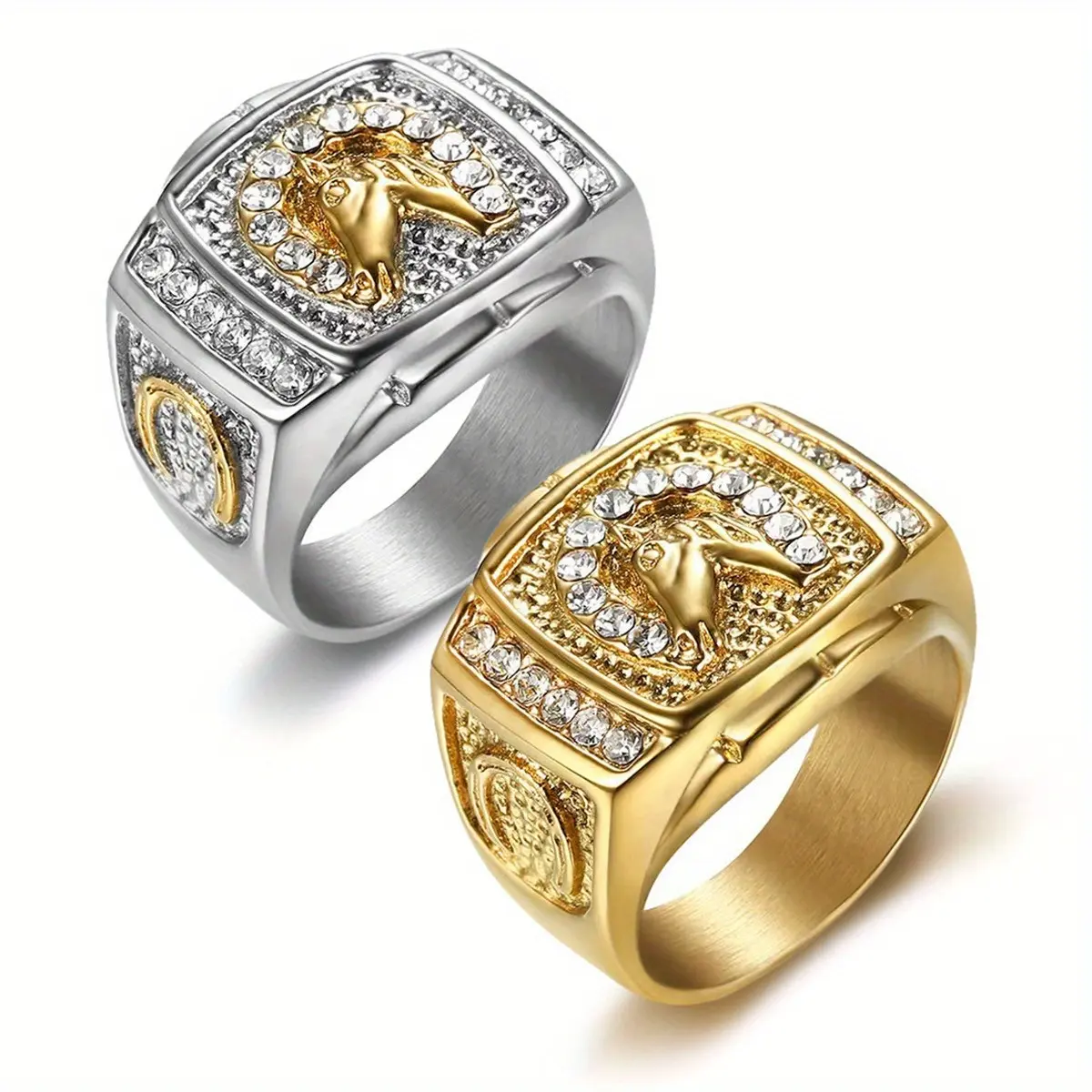 Men's Gold Stainless Steel Square Band - Double Row Luxury Hip Hop Artificial Zircon Ring with Horsehead Motif, Highland Cow Ring, Fashion Accessory for Daily Wear, Banquets, Artificial Zircon Rings