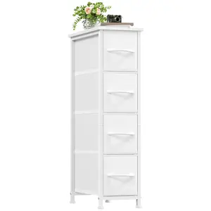 Somdot Dresser Storage Tower with 4 Fabric Drawers,Slim Dresser Chest of Drawers with Steel Frame,Wood Top,White Dresser for Bedroom,Bathroom,Small Spaces,Laundry,Closet,White