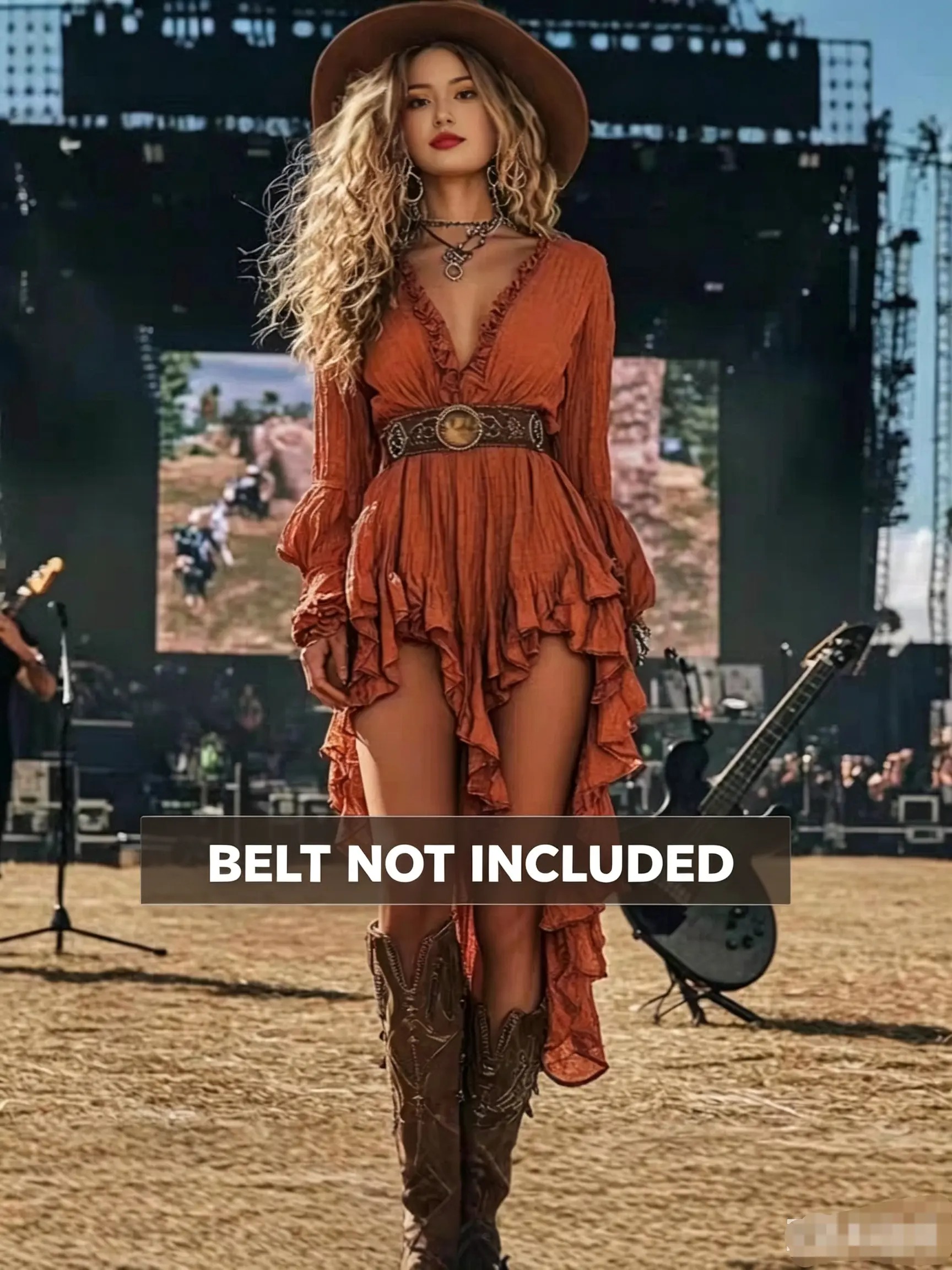 (Belt not included) Women's Vintage Western Dress - Ruffled, Irregular, Bohemian Style for Music Festival, Rock Party - Women's Western Dresses, Casual Clothes, Concert Clothing, Country Concert Outfit,Cowboy Aesthetic (Belt not included)