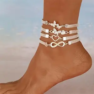 4pcs Elegant Simple Stackable Anklet Set, UV Plated Alloy with Butterfly & Infinity Charms, Versatile Daily Wear Jewelry Gift