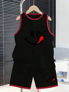 Summer Boys' Sportswear Set, Tongue Out Smiley Print, Fun and Energetic Style, Casual Daily Wear, Loose-Fitting Suit