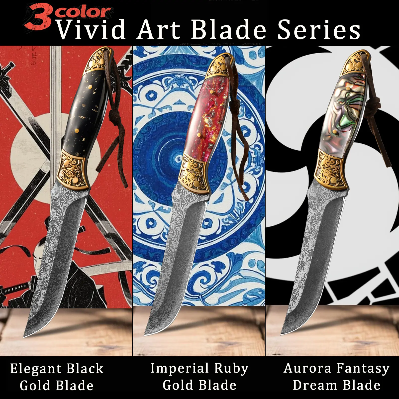 3-Piece Exquisite artistic knife - Laser Damascus Pattern Blades with Leather Sheaths. Perfect for Boning, Peeling, and Outdoor BBQ. A Must-Have for Collectors and Knife Enthusiasts.