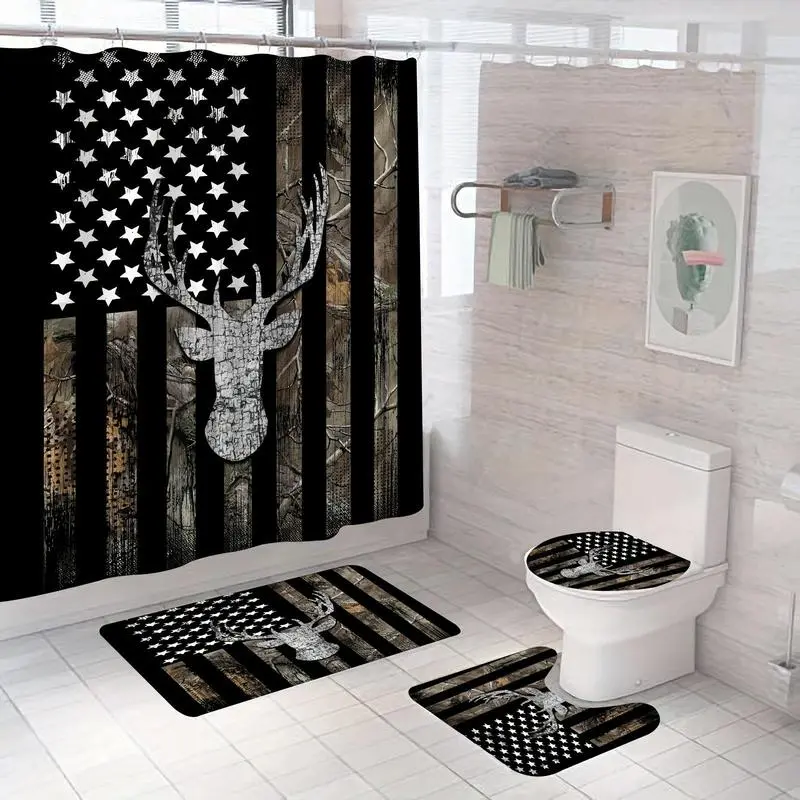 Flag & Deer Pattern Bathroom Decor Set, 4 Counts/set Non-slip Bath Mat & U-shaped Commode Contour Rug & Toilet Lid Mat & Shower Curtain with 12 Hooks, Restroom Bathroom Accessories, Bathroom Decoration Accessories, Water Proof