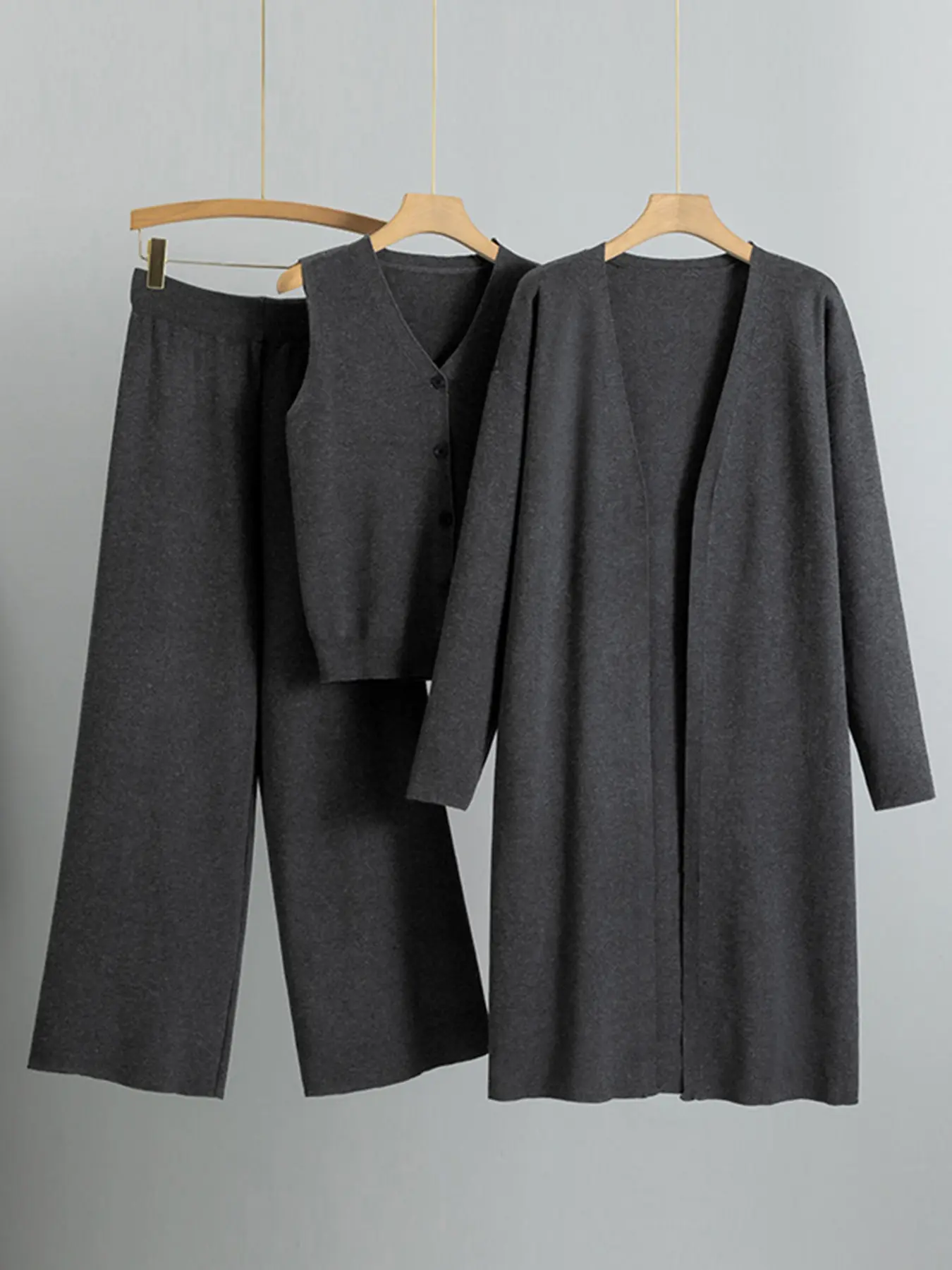 Women's Minimalist V-Neck Button Tank & Wide Leg trousers with Long Cardigan Three Pieces Set