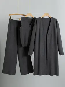 Women's Minimalist V-Neck Button Tank & Wide Leg trousers with Long Cardigan Three Pieces Set