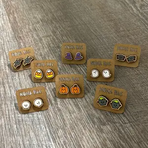 Kawaii Halloween Earrings - Laser Cut Wooden Earrings - skull ghost pumpkin cauldron candy corn witch bat spider