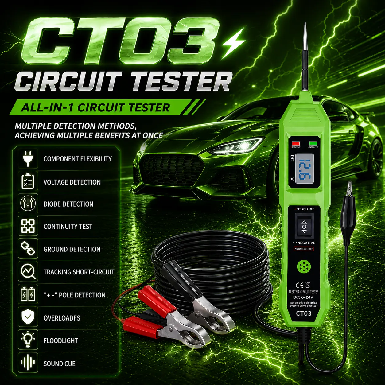 CT03 6-24V DC Circuit Tester, Car Accessories Voltage Meter with Buzzer Alert & Voltage Display, Tools and Gadgets Work Tool for Automotive Electronic Repair