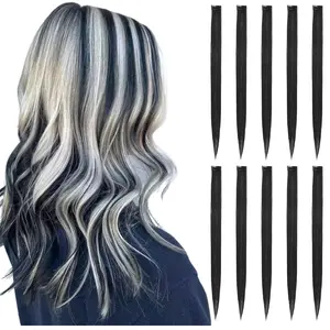 Black Hair Extensions Clip in for  Girls, 10 count 22 Inch Long Straight Colored Streak Synthetic Accessories Hairpiece Clip ins, Play Party Highlights