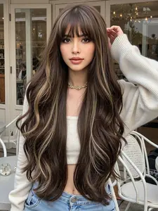 30 Inch Dye Highlight Bangs Long Curly Wig, Natural Look for Women, High Temperature Silk Heat Resistant Fiber Hair Extension, Synthetic Hair Wigs, Synthetic Wavy Wig, Synthetic Material Wigs