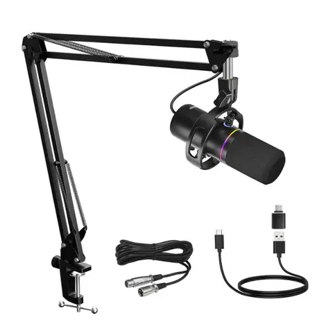 SOCODOX WM8 Dynamic Gaming Microphone with XLR/USB, Boom Arm Stand, Desk Clamp, Supercardioid Noise Cancelling, Dynamic RGB Lighting, Green NC Light, Mute Button, Gain & Mix Control for Podcasting, Content Creators, Daily Use