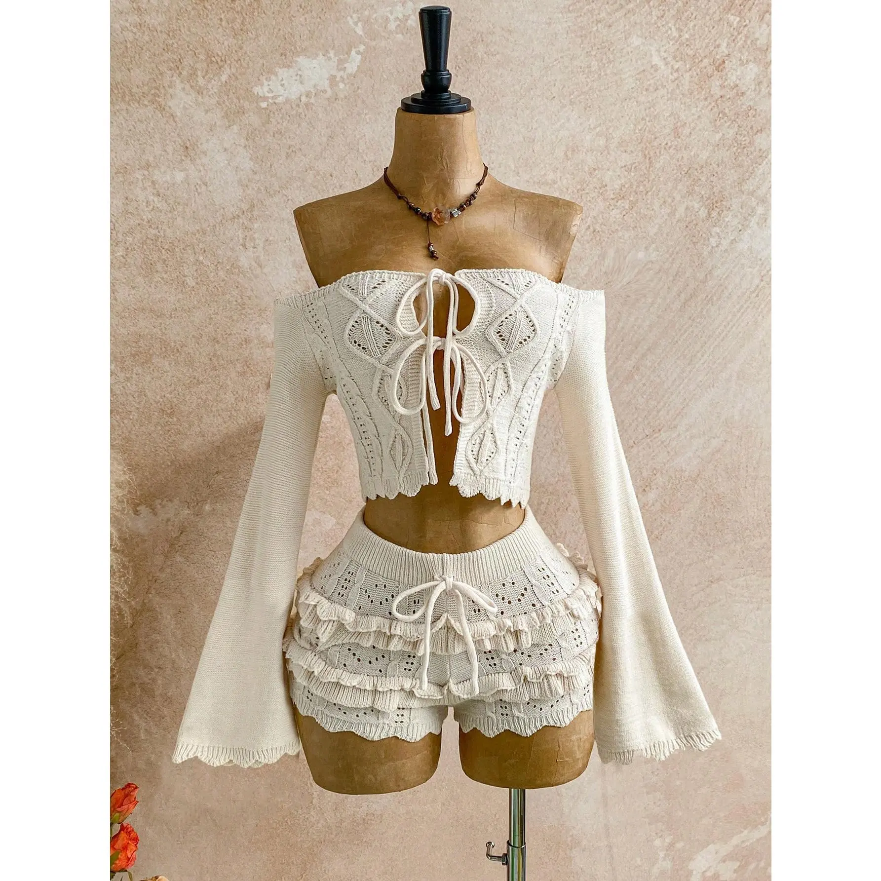 Women's 2-Piece Sweater Set, Chic Off-Shoulder Cropped Knit Top with Adjustable Tie-Up and Matching Shorts for Birthday Parties, Customized