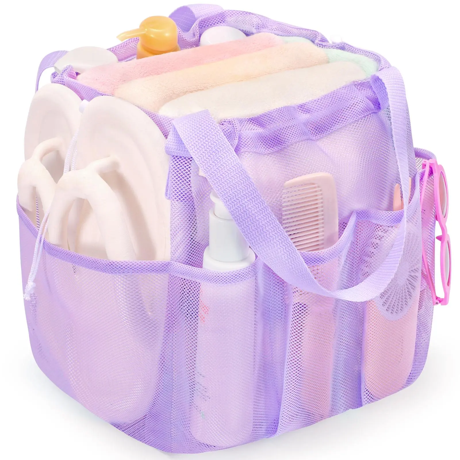 Mesh Shower Caddy Portable with Drawstring, Dorm Room Essentials for College Students Girl & Boy, Larger Shower Bag for Camping,Swimming,Gym,Travel,Bathroom - Purple