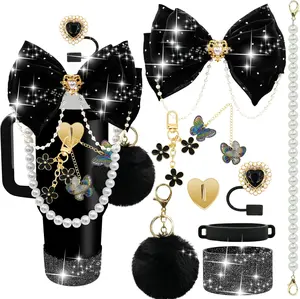 Stanley Cup accessories, suitable for 40/30/20 oz insulated cups with handles, including glitter bow straw decorations, heart-shaped straw covers, pearl water bottle straps, cup sleeves, pom-poms, and keychain pendants (black)