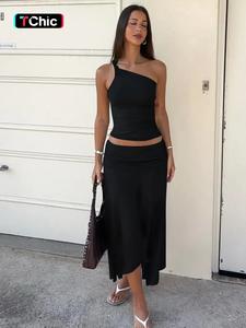 Two-piece Set, Beach Outfits Set, Women's Solid Color One Shoulder Knotted Sleeveless Tank Top & Bodycon Ruched Irregular Hem Skirt, Casual Outfits for Daily Outdoor Wear, Ladies Clothes for Summer