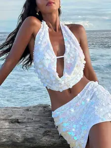 Women's 2-Piece Set Sexy Sequin Beach Dress Bikini Cover Up Sun Protection Short Skirt, Fashionable Glittery Swimwear