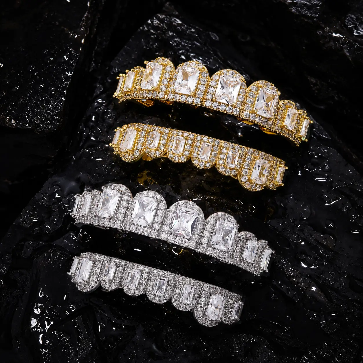T.O.P GRILLZ 14K Silver-Plated Luxury Iced-Out Top and Bottom Grills for Teeth, Hip Hop Accessory with Halloween-Inspired Details (Gold Top and Bottom)