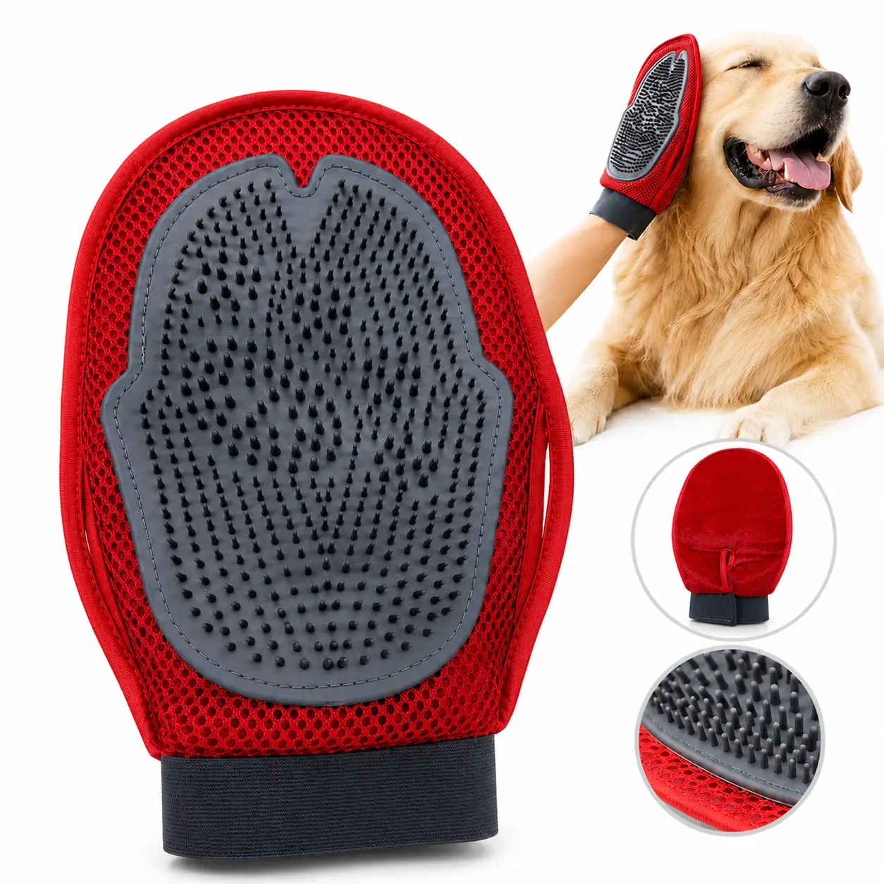 2-in-1 Pet Grooming Glove for Dogs & Cats, Double-Sided Deshedding Mitt with Silicone Bath Massage Brush and Pet Hair Remover Side, Reusable Left or Right Hand Grooming Tool
