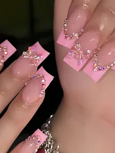 24pcs Square Pink French Press-On Nails, 3D Bow & Rhinestone Design, Acrylic Nail Set with Jelly Gel & File