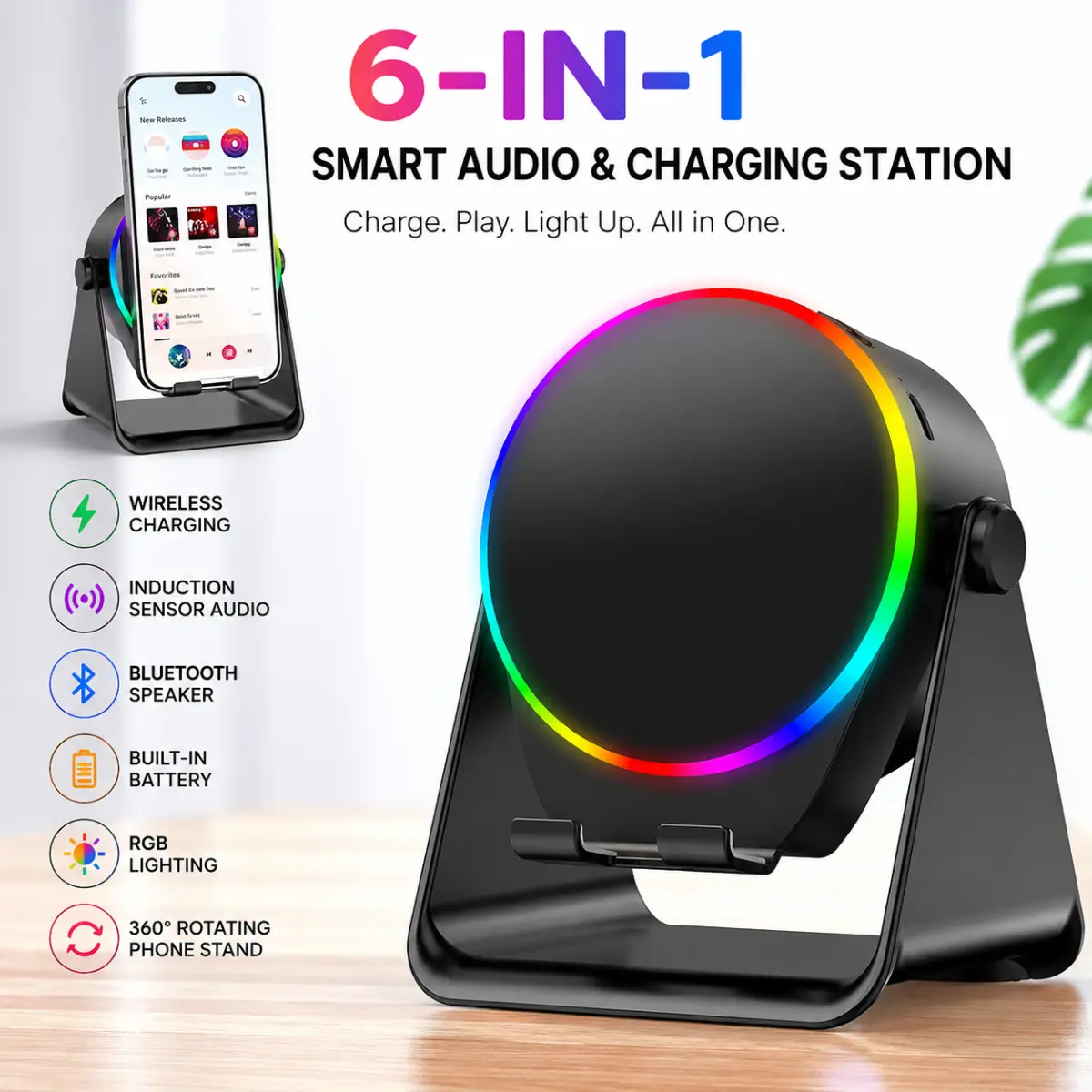 6-in-1 Wireless Charger for Smartphone, Cellphone & Mobile Devices - Bluetooth Speaker, RGB Light, Electronic Phone Holder for Recharging Batteries