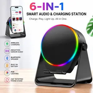 6-in-1 Wireless Charger for Smartphone, Cellphone & Mobile Devices - Bluetooth Speaker, RGB Light, Electronic Phone Holder for Recharging Batteries
