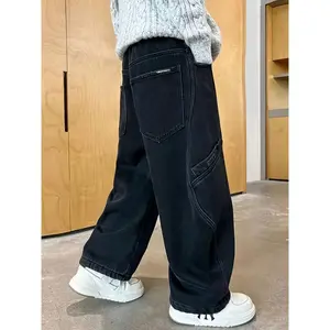 New2026 new style boys' jeans, fleece-lined straight pants, loose fit school uniform, junior high school student clothing, warm jeans, fashionable children's pants, new spring and autumn Korean style children's pants