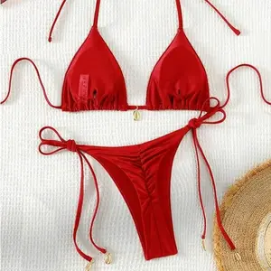 Women's 2026 New Red Halter-Neck 2-Piece Bikini Set - High-Stretch Nylon, Adjustable Ties, Quick-Drying, Custom Fit, Multi-Size, Charm-Equipped, Strappy-Back, Beachy, Figure-Flattering Swimwear for Beach Vacation, Strappy-Back Bikinis Set, 2-Piece Bikinis