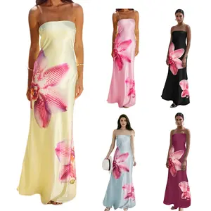 Women Summer Long Bandeau Dress Sleeveless Off Shoulder Flower Print Tube Top Dress