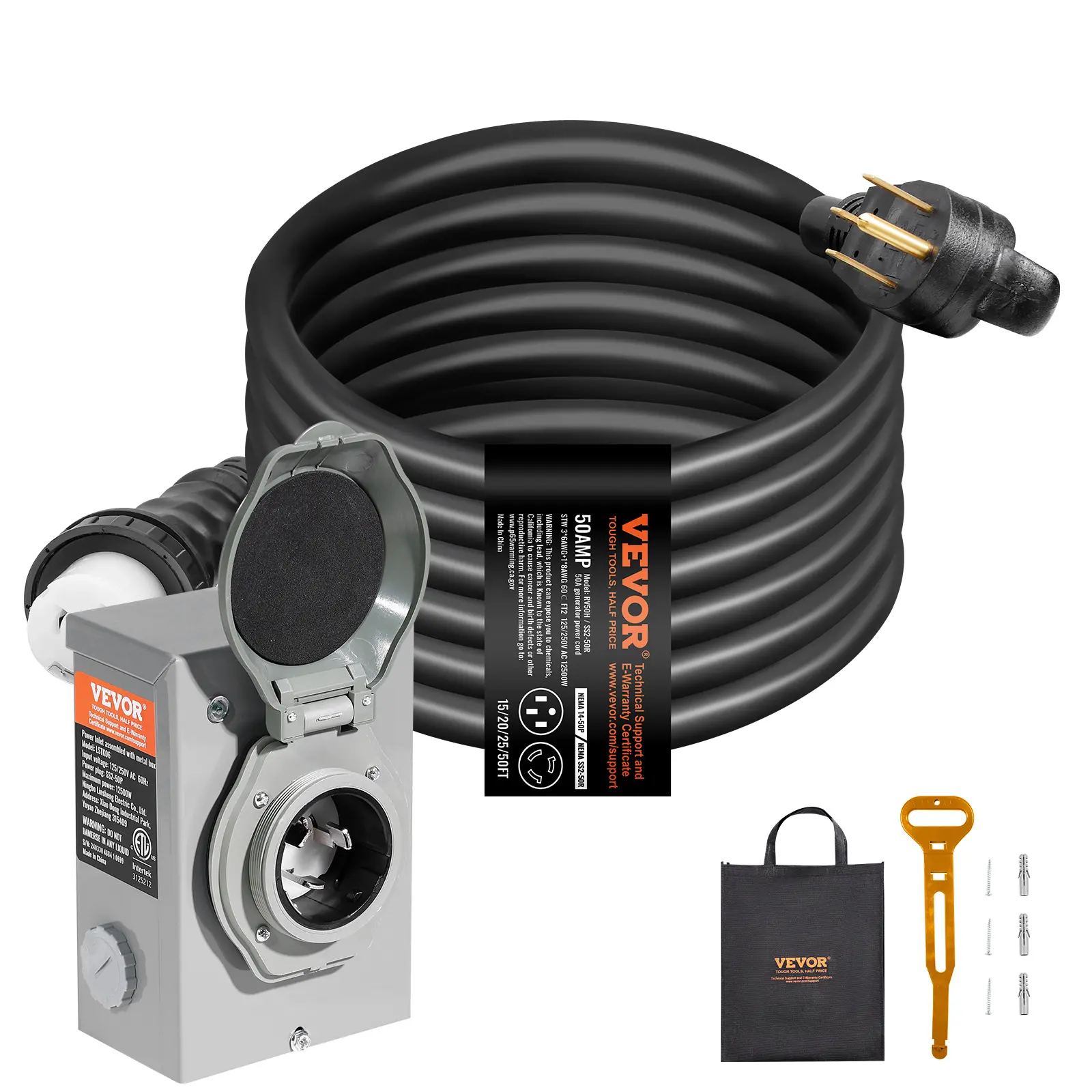 【summerfinds】VEVOR 50 Amp Generator Cord and Power Inlet Box Kit, 15FT, NEMA 14-50P/SS2-50R STW 6/3+8/1 AWG Generator Power Cord with Twist Lock Connector, Pre-Drilled Inlet Box for Generator to House, ETL Listed
