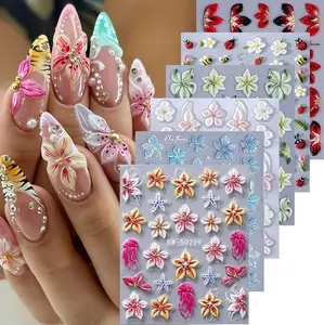 Flower Nail Art Stickers Decals 6 PCS 5D Embossed Hibiscus Decals for Nails Art Lily Hibiscus Starfish Jellyfish Daisy Bee Ladybugs Designs Summer Tropical Floral Nail Decoration for Women