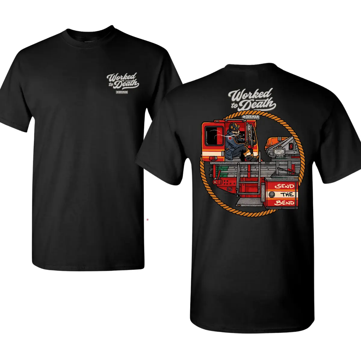 Men's/Women's Short-Sleeve Casual Round Neck Worked to Death Firefighter Ladder Truck T-Shirt - 2-Side Graphics, Fire Engine Illustration, "Send the Bend" Back Print, Bold Red-Yellow Firehouse Design, Soft Cotton Blend, Gift for Firefighters