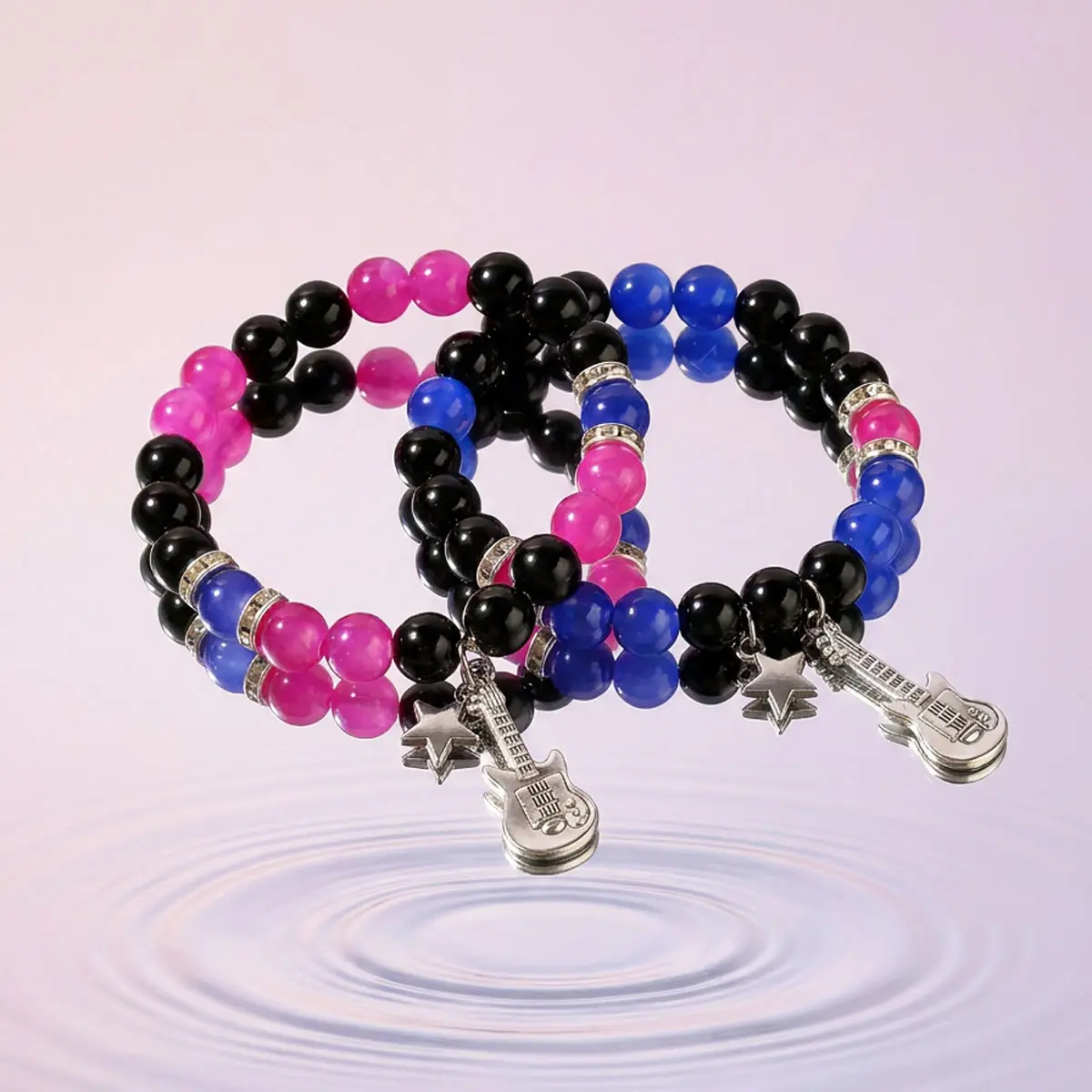 2pcs Casual Couple Friendship String Stretch Bracelets with Guitar Beads, Birthday Gifts for Girlfriend, Valentines Christmas Accessories