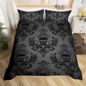 Gothic Skull Duvet Cover Queen Size,Gray Vintage Damask Lace Pattern Reversible Bedding Set (Not Comforter),Boho Victorian Baroque Floral Comforter Cover for Bedroom, Zipper, Ties