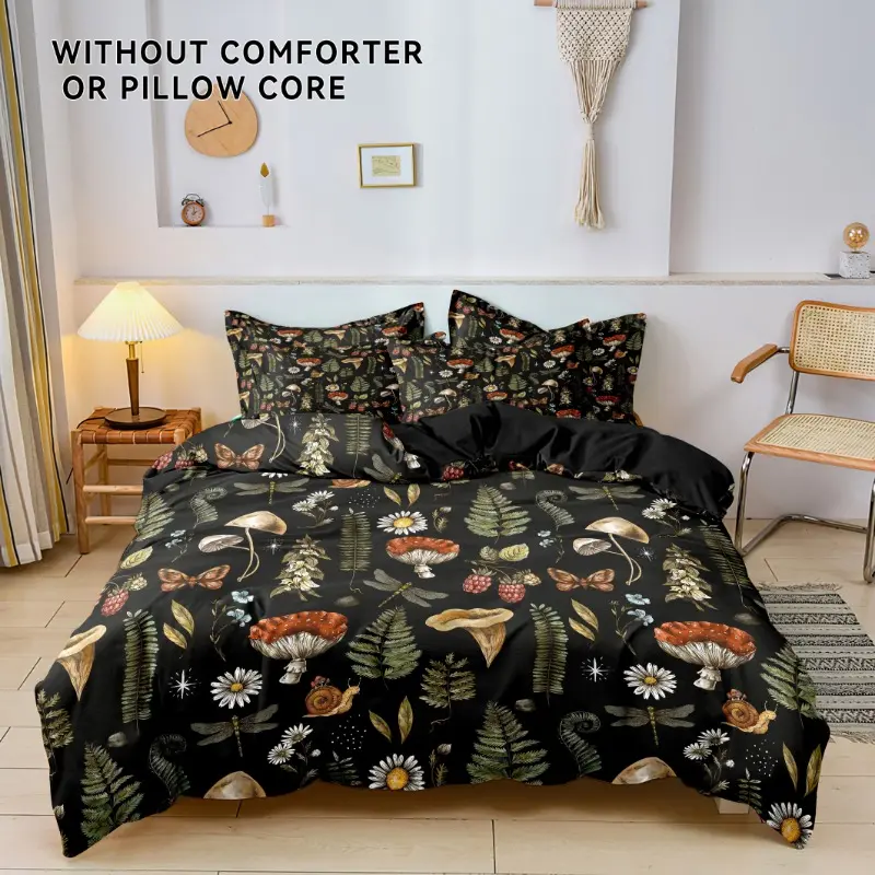 Floral & Mushroom & Snail & Leaf Print Bedding Set, 3 Counts/set Including 1 Count Duvet Cover & 2 Counts Pillowcase without Filler, Soft Comfortable Breathable Bedding Set for Home Bedroom, Comfy Bedding Set, Soft Bedding Sets