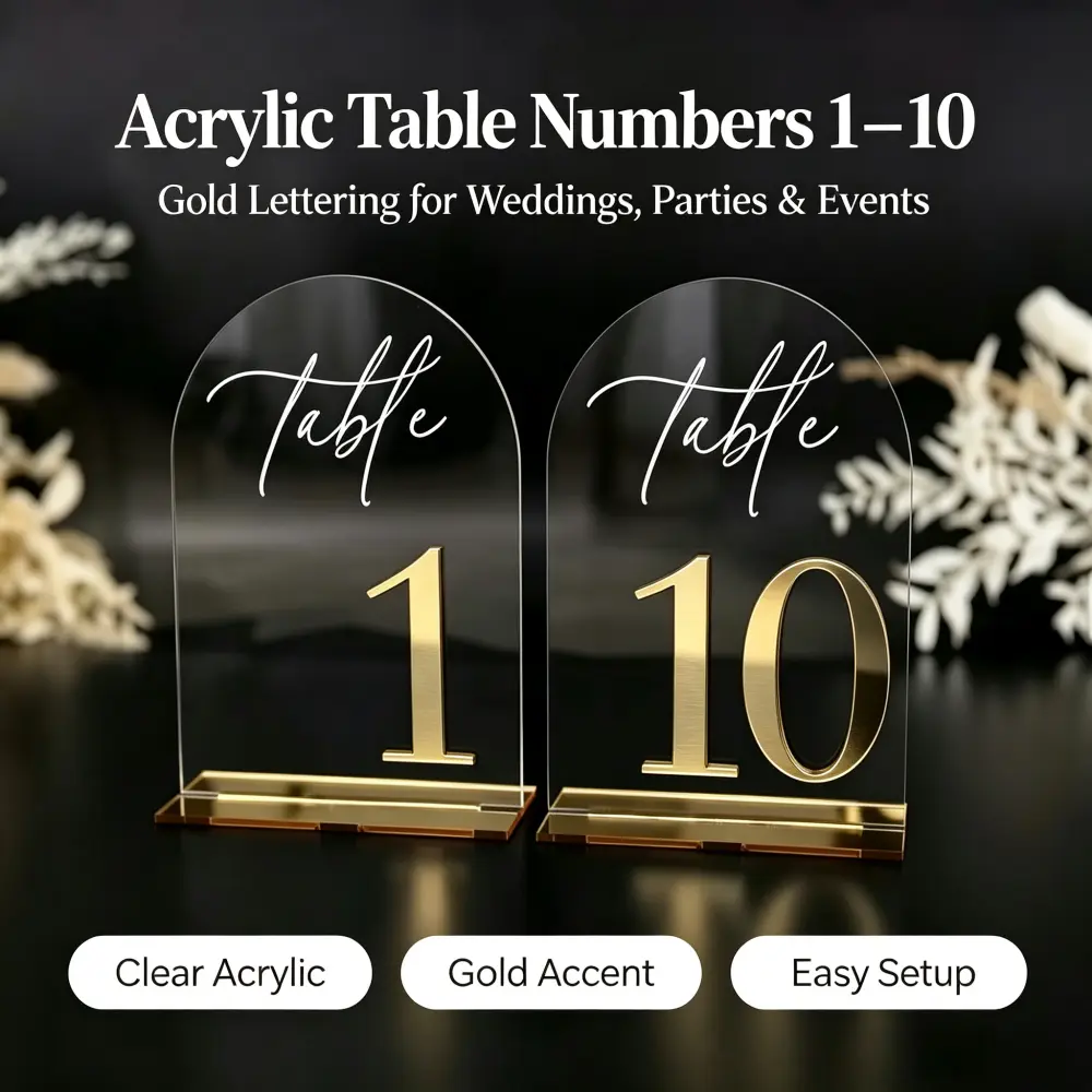 10Pcs Clear Arch Acrylic Table Numbers Set, Gold 3D Numbers with Gold Stands, Reusable Table Signs for Wedding Reception Birthday Anniversary Party Table Decor