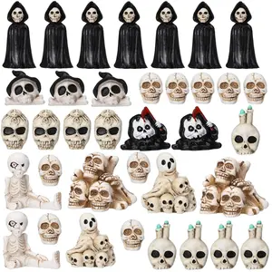 Spooky Skull Figures 60/100pcs Mini Skulls Mini Ghost Figures Grim Reaper Ornaments Resin Skulls Decorations for Party House Desktop Gift Family Friends Classmates Prank Gifts