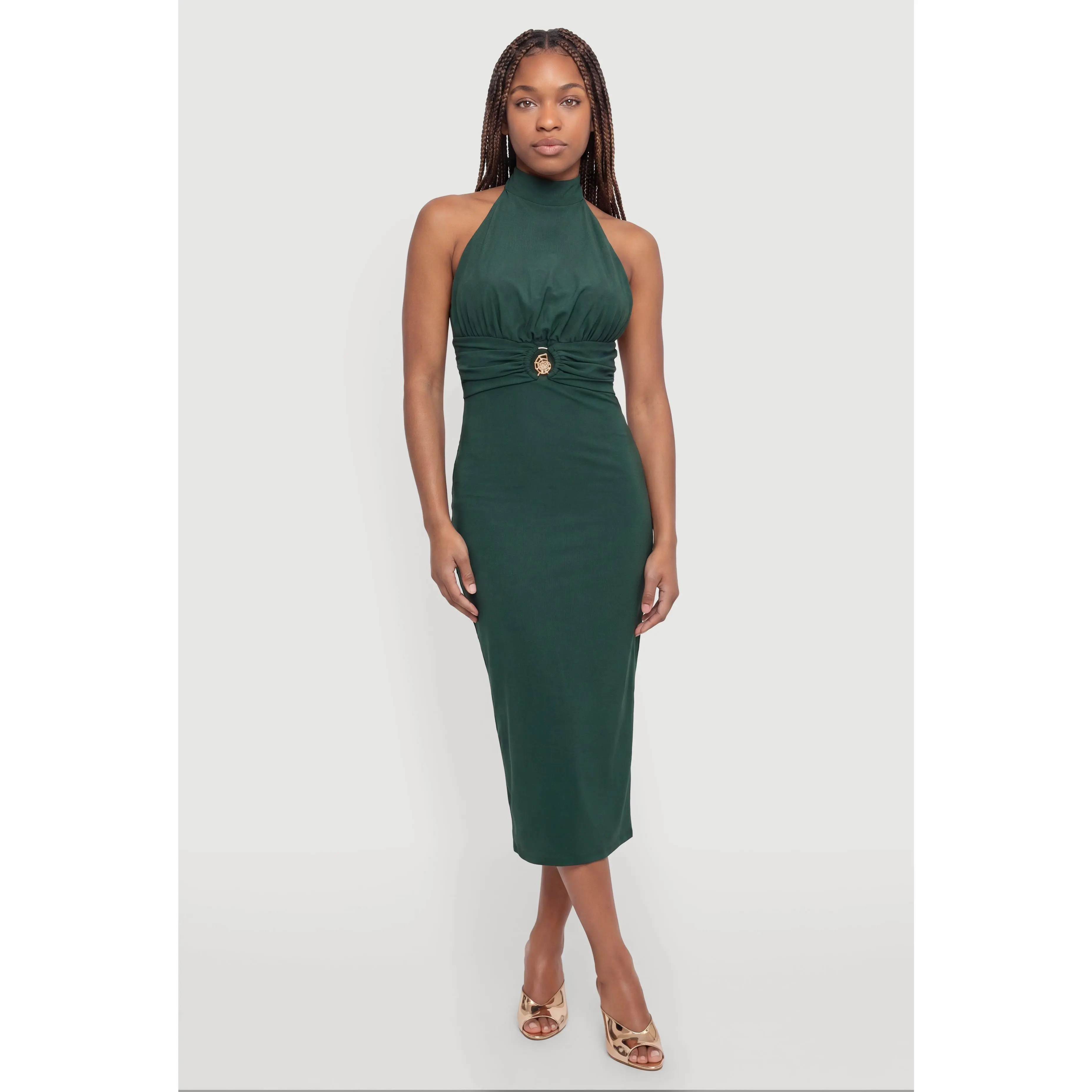 Metallic Seashell Detail Sleeveless Halter Neck Midi Dress