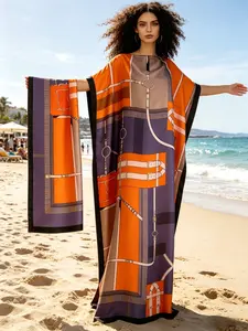 A must-have loose and vibrant orange geometric patterned satin beach dress for the summer of 2026, a women's fashion scarf shawl two-piece dress set, suitable for beach vacations/US anniversaries/graduation season/Independence Day/gift giving