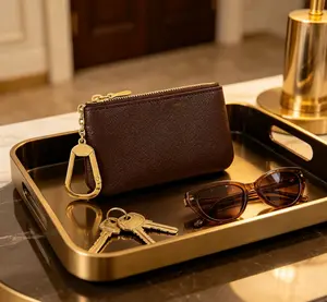 Brown Leather Key Pouch with Gold Carabiner, Vintage-Inspired Zipper Coin Purse, Mini Wallet for Cards, Keys & Coins