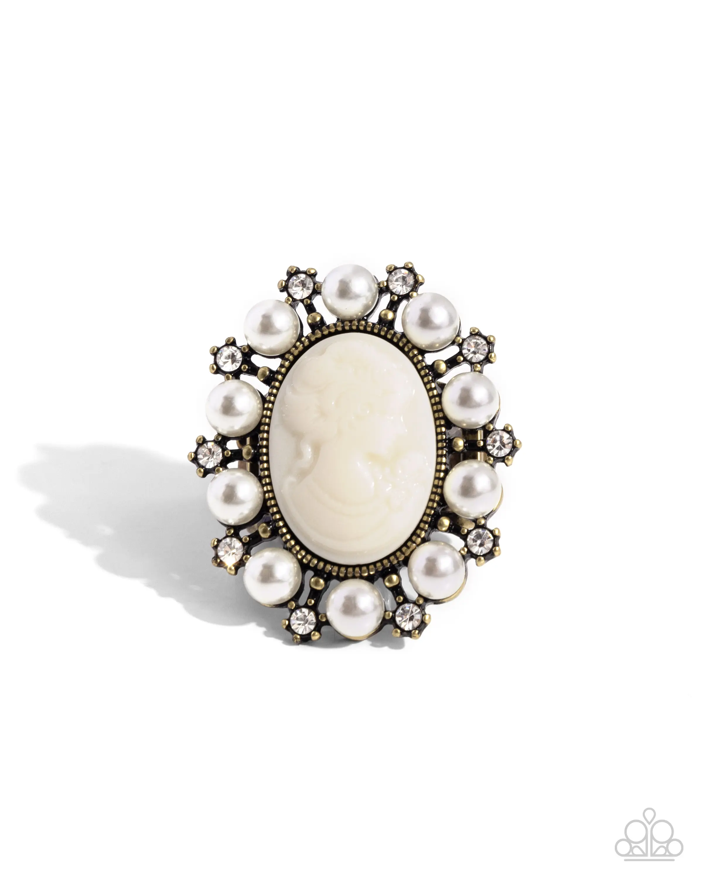 Vintage Glam - Brass Stretchy Rings - Ivory Resin Victorian-Style Cameo Bordered with Alternating White Pearls and White Rhinestones with Brass Frame