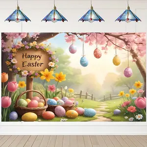 1PC,2D Flat Backdrop Easter Decor Backdrop, Easter Eggs & Flowers Themed Party Decoration Cloth, Children's Birthday Party Photography Background Curtain, Festival Scene Layout Hanging Cloth, Backgr