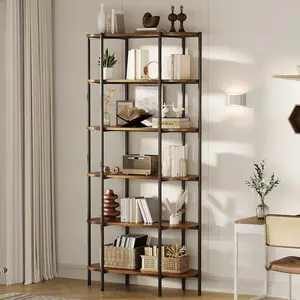 6-Tier Industrial Bookshelf, 71" Tall Oval Vintage Bookcase, Metal Frame Display Storage Shelf for Living Room