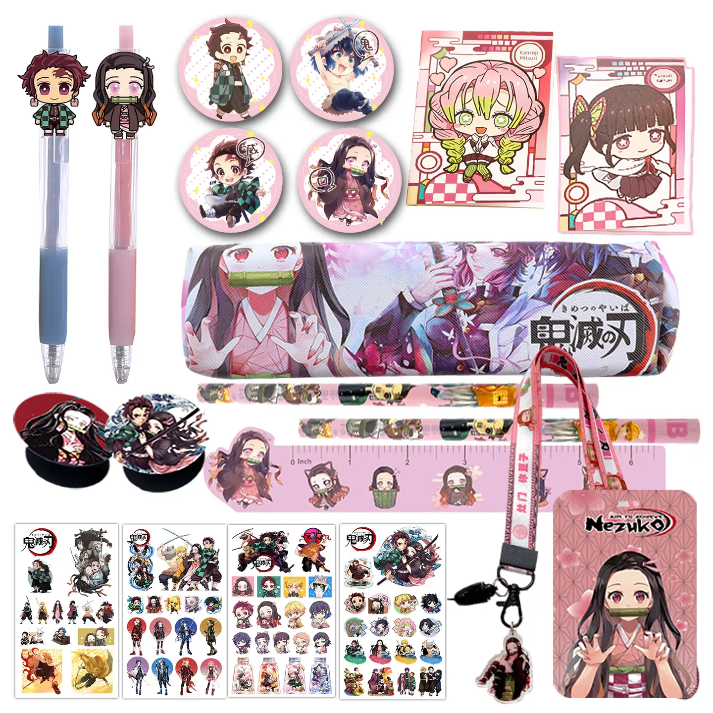 Demon Slayer Anime Small Bag Set – 20pcs Cute Pink School Supplies w/ Zipper Bag & Stationery Goodies