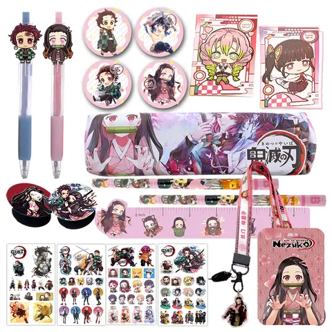Demon Slayer Anime Cute Pencil Pouch Unisex Stationery Gift Set - 20pcs Pink Study Supplies, Aesthetic Character Art Print Cartoon Zipper Bag (Luggage & Bag Accessories)
