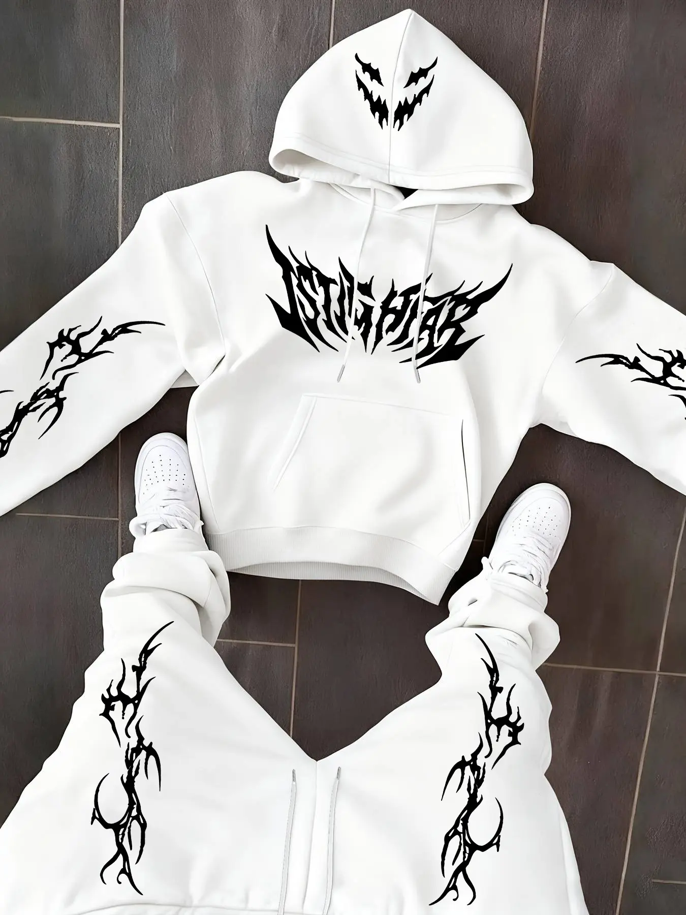 Men's Fall Winter Abstract Letter Print Fleece Hooded Sweatshirt Set, Gothic Clothes, Long Sleeve Casual Sweatshirt and Drawstring Pants, 2 Piece Pack Menswear