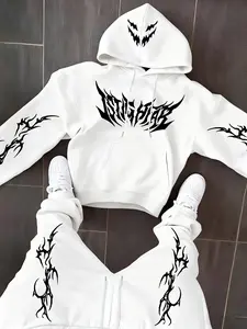 Men's Fall Winter Abstract Letter Print Fleece Hoodie Set, Long Sleeve Casual Sweatshirt and Drawstring Pants, 2 Piece Pack Menswear