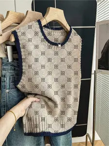 1 Piece Spring Summer Back to School Casual Loose Crew Neck Sleeveless Knitted Top, Dark Blue Trim Color Block Geometric Print, Women's Knitwear, Wear Alone or With Vest, Casual Comfy Vest