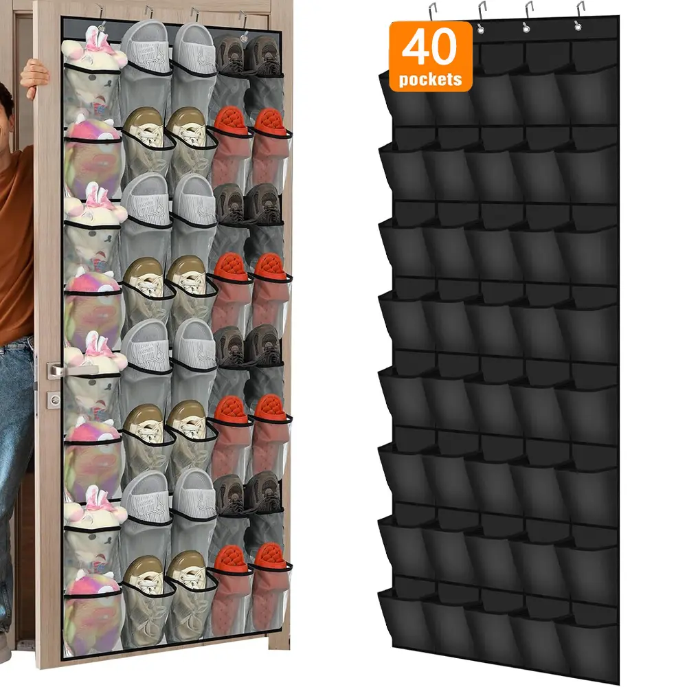 40 Over the Door Shoe Organizer Large Capacity Large Breathable Mesh Pockets Hanging Shoe Rack Hangable for Closet Gray Behind Door Hanger Storage Holder Nonslip Hooks for Women Men Entryway Bedroom Utility Room