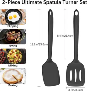 2 Pack Silicone Spatula Set, High Heat Resistant, BPA Free Kitchen Spatula, Solid & Slotted Turner for Non-Stick Pans, Sautéing, and Flipping (2, PureBlack)